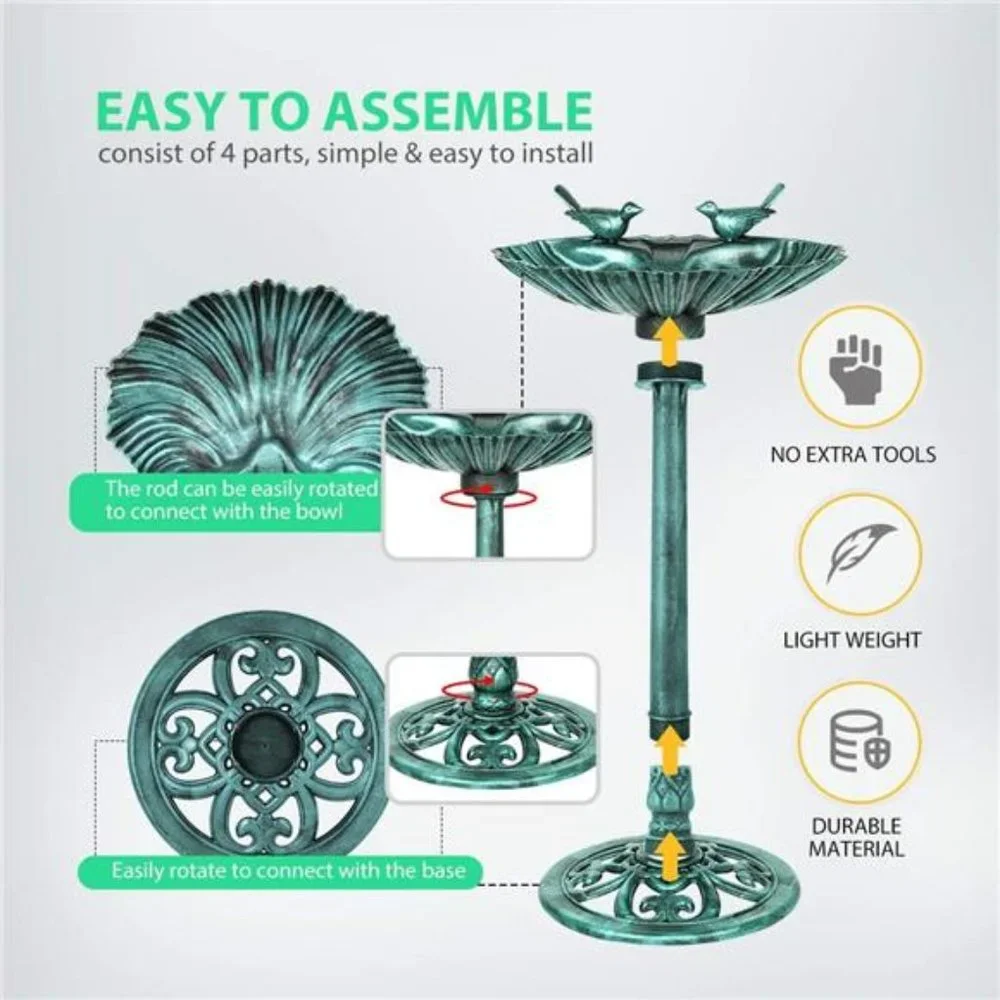 28 Inch Height Polyresin Lightweight Outdoor Double Birds Garden Bird Bath Green